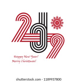 2019 Happy New Year trendy and minimalistic card or background.
Modern thin contour line design concept. Flat, outline.
Isolated on white background. Vector illustration