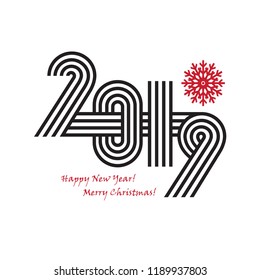 2019 Happy New Year trendy and minimalistic card or background.
Modern thin contour line design concept. Flat, outline.
Isolated on white background. Vector illustration