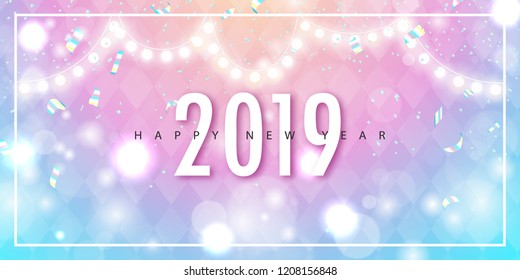 2019 Happy New Year trendy background for holiday greeting card, poster, banner.Garland and falling serpentine.Vector illustration.