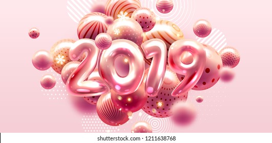 2019 Happy New Year trendy cover background design with liquid dynamic fluid spheres and shapes for greeting card, banner, placard or poster. Eps10 vector illustration