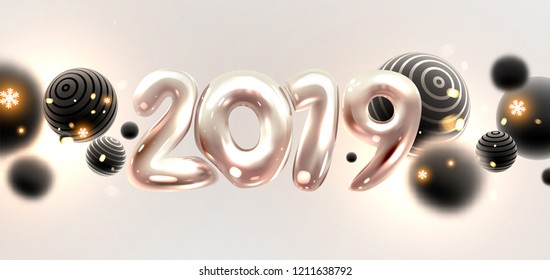 2019 Happy New Year trendy cover background design with liquid dynamic fluid spheres and shapes for greeting card, banner, placard or poster. Eps10 vector illustration