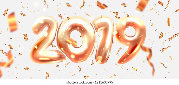 2019 Happy New Year trendy cover background design of liquid dynamic fluid shapes with gold confetti, glitters and sparkles for greeting card, banner, placard or poster. Eps10 vector illustration