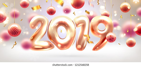 2019 Happy New Year trendy cover background design with liquid dynamic fluid spheres and Christmas toys for greeting card, banner, placard or poster. Eps10 vector illustration