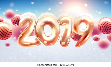 2019 Happy New Year trendy cover background design with liquid dynamic fluid spheres, snow drifts, sky and Christmas toys for greeting card, banner, placard or poster. Eps10 vector illustration