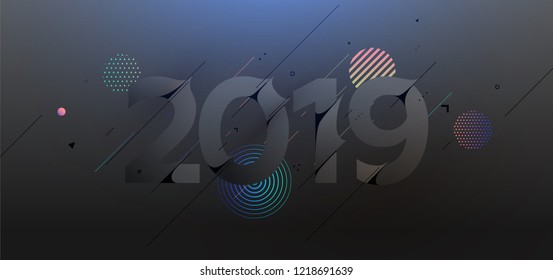 2019 Happy New Year trendy cover background design with liquid dynamic fluid spheres and Christmas toys for greeting card, banner, placard or poster. Eps10 vector illustration