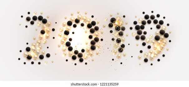 2019 Happy New Year trendy cover background design with Xmas balls and Christmas toys for greeting card, banner, placard or poster. Eps10 vector illustration