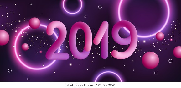 2019 Happy New Year trendy bright background with 3d tubes and glow circles. Vector template for placards, banners, flyers and presentations. EPS 10 illustration.