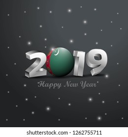 2019 Happy New Year Turkmenistan Flag Typography. Abstract Celebration background