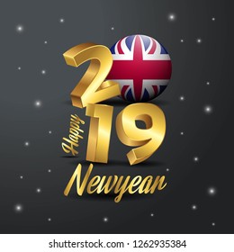 2019 Happy New Year United Kingdom Flag Typography. Abstract Celebration background
