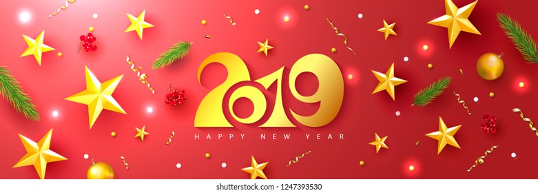 2019 Happy New Year. Universal vector red background with fir branches, Rowan, stars and serpentine. Suitable for promotional materials, postcards,posters banners, flyers. Modern design.