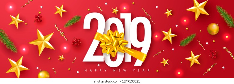2019 Happy New Year. Universal vector red background with Golden bow,fir branches, Rowan, stars and serpentine. Suitable for promotional materials, postcards,posters banners, flyers. Modern design.