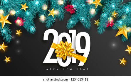2019 Happy New Year. Universal vector background with Golden bow,fir branches, Rowan, stars and garland. Suitable for promotional materials, postcards,posters banners, flyers. Modern design.