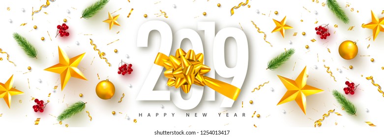 2019 Happy New Year. Universal vector background with Golden bow,fir branches, Rowan, stars and serpentine. Suitable for promotional materials, postcards,posters banners, flyers. Modern design.