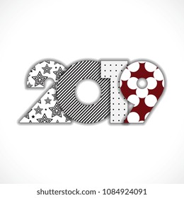 2019 Happy New Year Vector Numbers for Calendar Design. Winter Holidays Greeting Card with Halftone and Star Geometric Elements