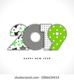 2019 Happy New Year Vector Numbers for Calendar Design. Winter Holidays Greeting Card with Halftone and Star Geometric Elements