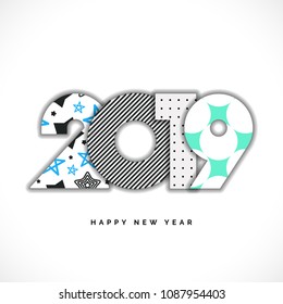 2019 Happy New Year Vector Numbers for Calendar Design. Winter Holidays Greeting Card with Halftone and Star Geometric Elements