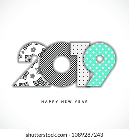 2019 Happy New Year Vector Numbers for Calendar Design. Winter Holidays Greeting Card with Halftone and Star Geometric Elements