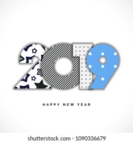 2019 Happy New Year Vector Numbers for Calendar Design. Winter Holidays Greeting Card with Halftone and Star Geometric Elements
