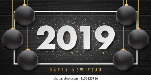 2019 happy new year vector greeting card and poster design with golden ribbon and star.