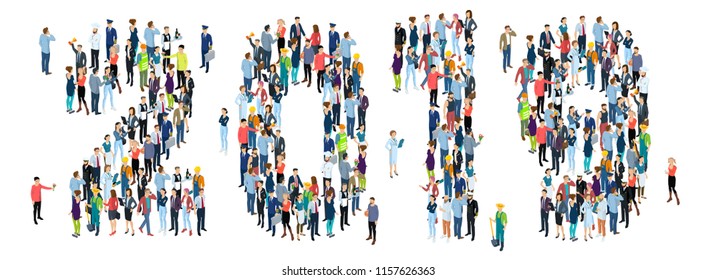 2019 happy new year vector concept for web site header, greeting card and banner, presentation template. Flat design people characters with white numbers