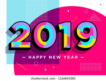 2019 Happy New Year Vector Card. Textured Numbers. Trendy Typography with Geometric Hipster Pattern in Memphis Style. Creative 2019 Logo Design. Colorful Xmas Background. Festive Christmas Banner. 