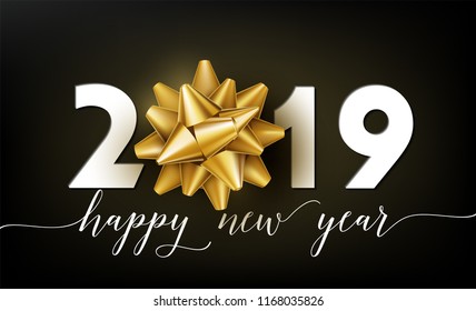 2019 Happy New Year vector background with golden gift bow, white numbers and lettering wishing. Christmas celebrate design. Festive premium concept template for holiday.