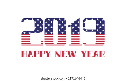 2019 Happy New Year. Vector greeting card with american flag double exposure in numbers