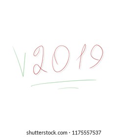 2019 Happy New Year. Vector hand lettering, greeting card design element template for holiday on isolated light background.