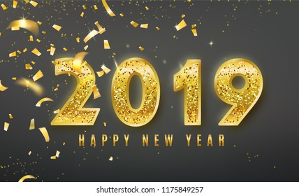 2019 Happy New Year vector background with golden confetti, tinsel elements, shine glitter numbers. Christmas celebrate design. Festive premium concept template for holiday.