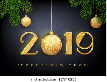 2019 Happy new year. Vector 2019 Happy New Year background with golden glitter ball. Vector 10 EPS