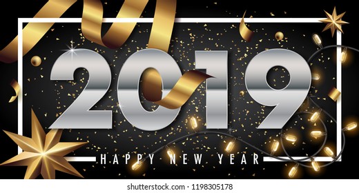 2019 happy new year vector greeting card and poster design with golden ribbon and star.