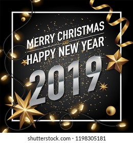 2019 happy new year vector greeting card and poster design with golden ribbon and star.