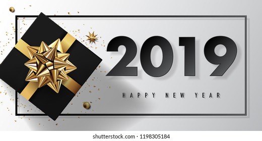 2019 happy new year vector greeting card and poster design with golden ribbon and star.