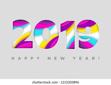 2019 Happy New Year Vector Card. Paper Cut Textured Numbers. Trendy Typography with Geometric Hipster Pattern. Creative 2019 Logo Design. Colorful Xmas Background. Festive Christmas Banner. 