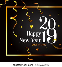 2019. Happy New Year vector card, on a black background. Golden style. Vector illustration