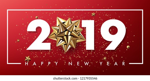 2019 happy new year vector greeting card and poster design with golden ribbon and star.