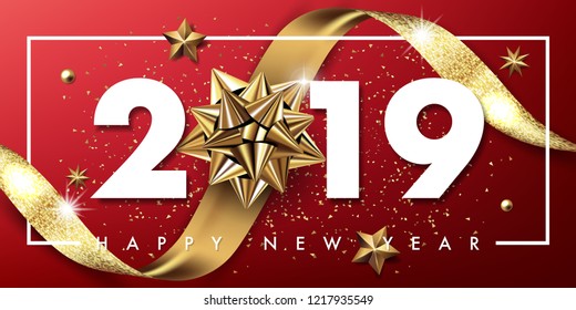 2019 happy new year vector greeting card and poster design with golden ribbon and star.