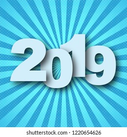 2019 Happy New Year. Vector illustration. Holiday greeting card with white numbers on blue rays background.