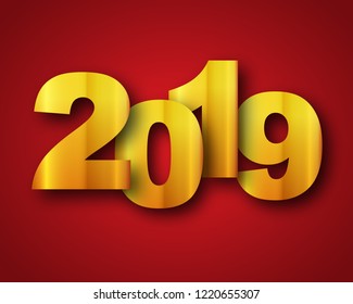 2019 Happy New Year. Vector illustration. Holiday greeting card with gold numbers.