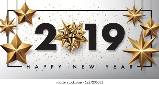 2019 happy new year vector greeting card and poster design with golden ribbon and star.