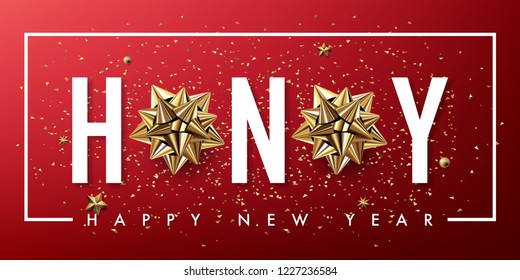 2019 happy new year vector greeting card and poster design with golden ribbon and star.