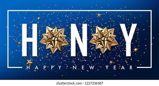 2019 happy new year vector greeting card and poster design with golden ribbon and star.