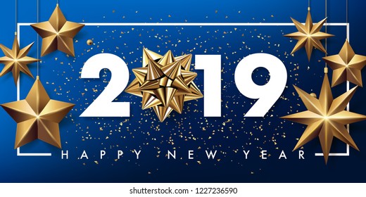 2019 happy new year vector greeting card and poster design with golden ribbon and star.
