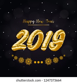 2019 Happy New Year Vector Illustration Card Design with Gold Colors on Dark Background