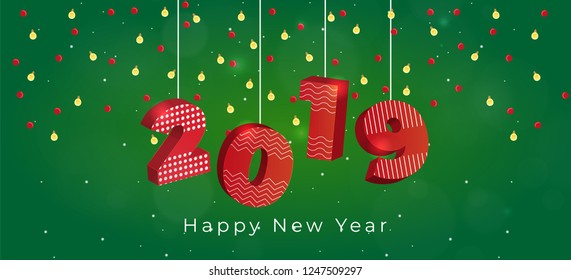 2019 Happy New Year Vector Illustration Card Design. Christmas Lights and Red 2019 on Green Background. 