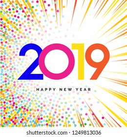 2019 Happy New Year Vector Numbers for Calendar Design with Speed Lines and Colorful Confetti. Winter Holidays Greeting Card