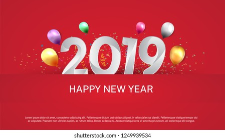2019. Happy new year vector design with balloons, glitter silver number on red background for celebration purpose