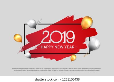 2019. Happy new year vector design red brush with square and balloons for celebration purpose