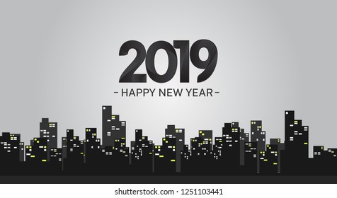 2019. Happy new year vector design black color city building for celebration event