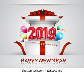 2019. Happy new year vector design inside gift box with glitter and balloons for celebration